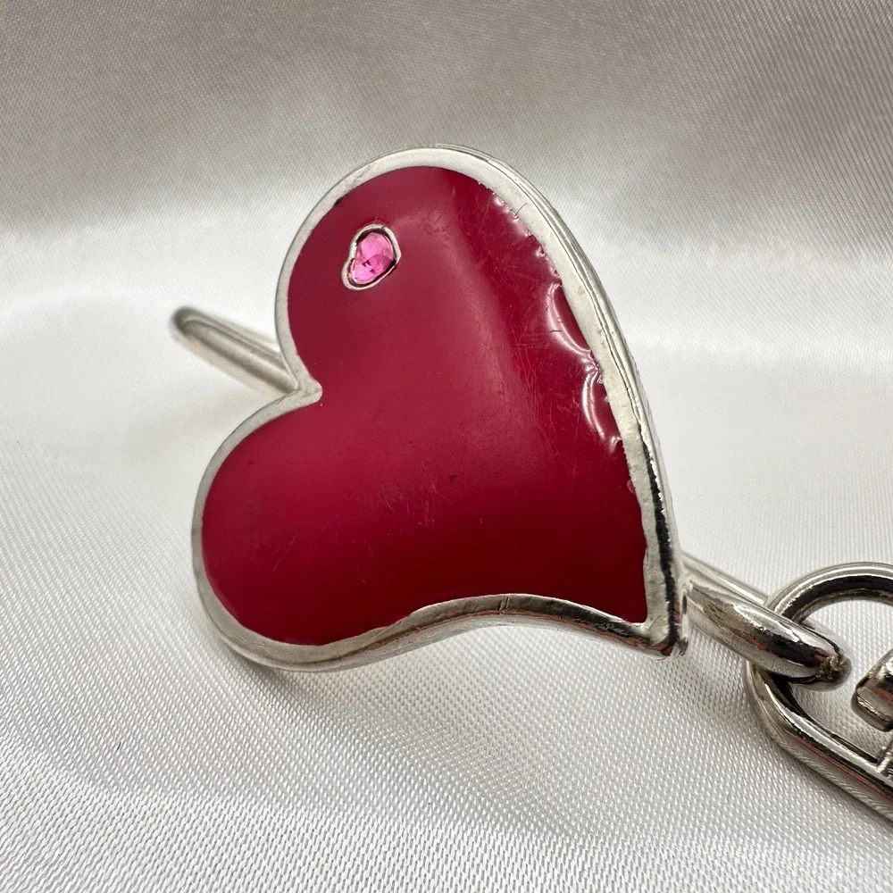 Vintage 80s Red Enamel Heart Charm Keychain Silver Tone Swivel Clip Bag‎ Jewelry